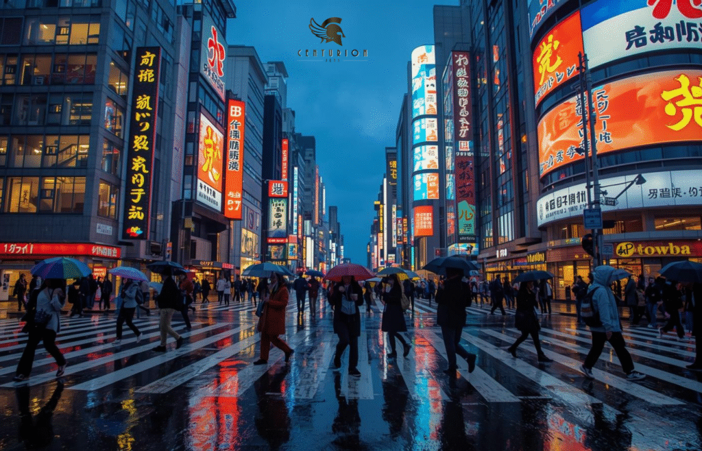 Private jet charter to/from Tokyo with Centurion Jets. Bustling Shibuya Crossing in Tokyo, at dusk. Neon signs in kanji and English illuminate the scene, reflecting off wet pavement from a recent rain.