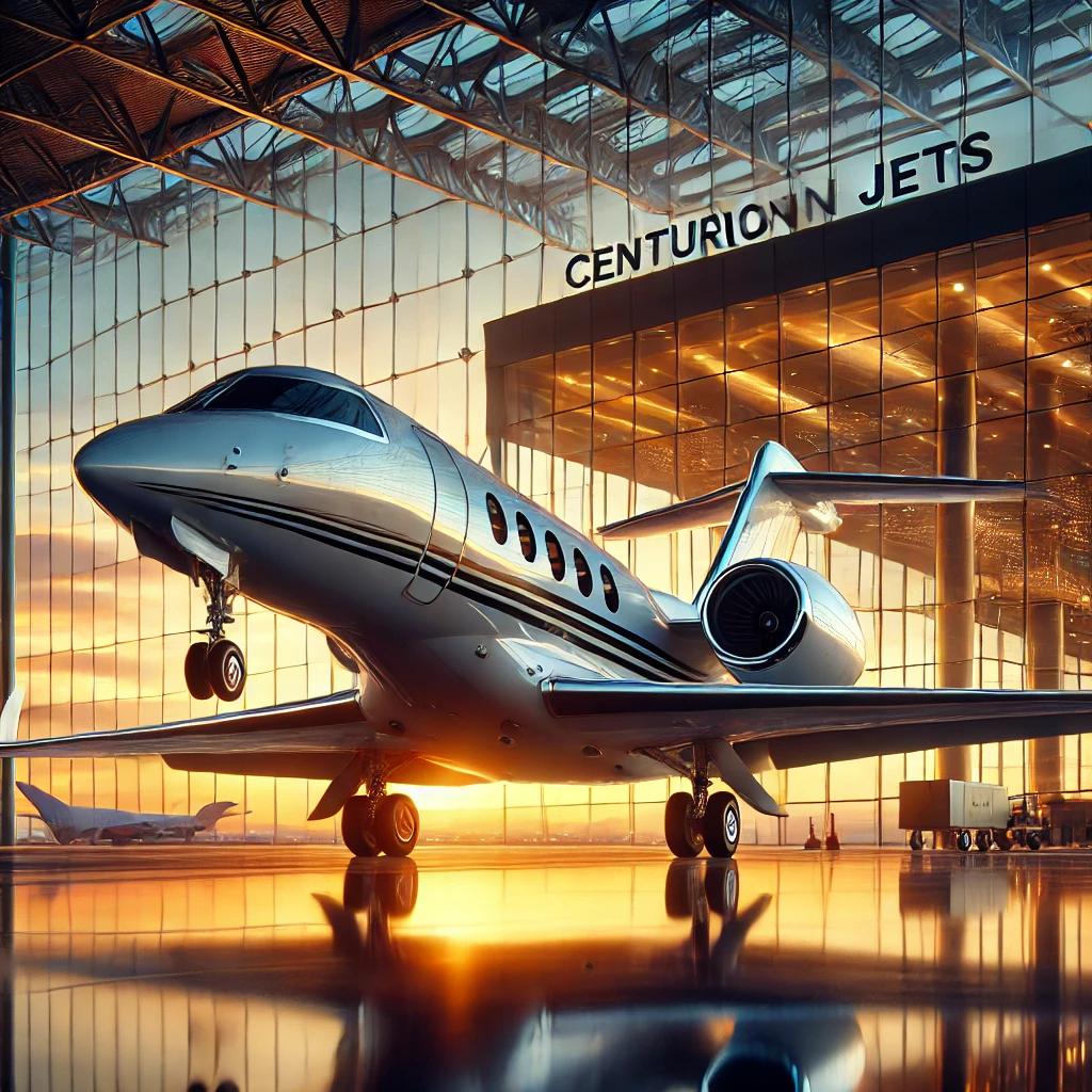 Private jet taking off at sunset with a luxurious airport terminal in the background, representing the exclusivity and premium service of Centurion Jets.