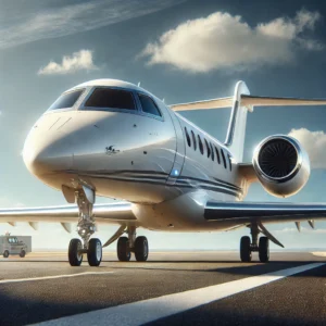 A luxurious private jet with a pristine white exterior on the tarmac, ready for takeoff, under a clear blue sky, representing exclusivity and premium service.