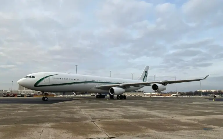 Airbus A340 VIP widebody aircraft on the ramp, featuring a luxurious executive airliner configuration, four-engine design, and ultra-long-range private travel capability.