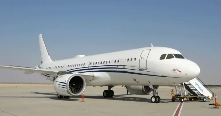 Airbus ACJ319 corporate jet on the ramp, featuring a spacious VIP cabin platform, narrow-body airliner design, and long-range private travel capability.