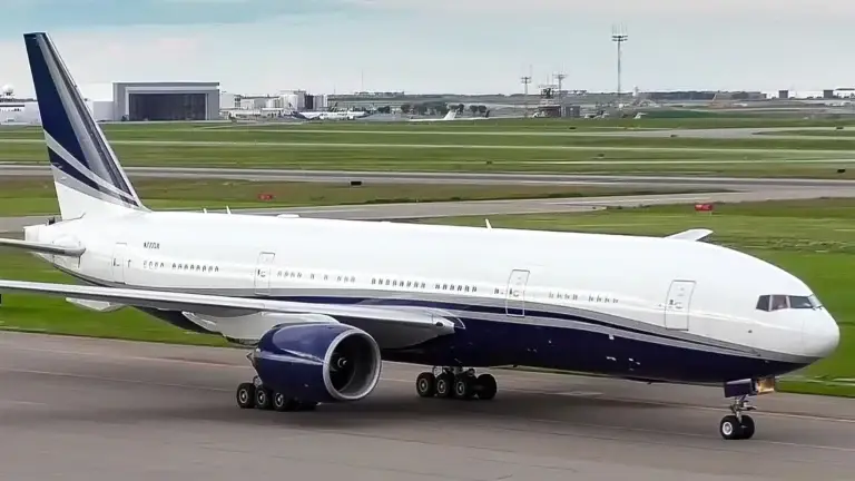 Boeing 777-200 VIP widebody aircraft on the ramp, featuring a spacious executive cabin platform, twin-engine design, and long-range private travel capability.