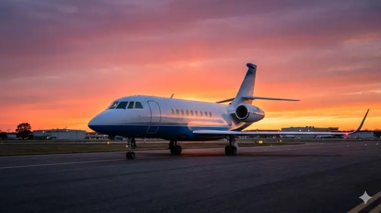 Falcon 2000S private jet parked on the ramp, showcasing its sleek design, spacious cabin class, and versatile super-midsize performance.