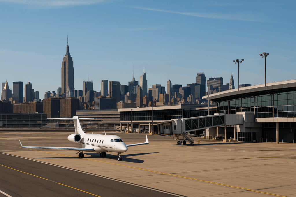 Private Jet Airports Near New York City 1 Private jet at modern airport terminal with New York City skyline in the background, showcasing access to private jet airports near New York City.