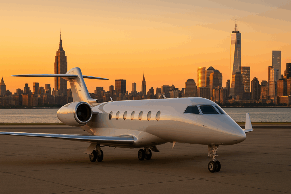 Guide to New York City Private Jet Charter Flights 10 Fly with Centurion Jets. Private jet aircraft on tarmac with New York City skyline in background during golden hour, representing luxury charter flight options.