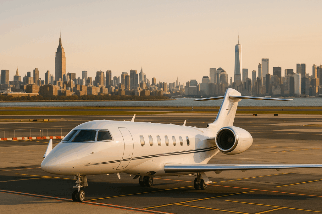 New York City Available Airport Options for Private Jet Travelers 2 Private Jet Aircraft parked at New York City airport with skyline in the background, highlighting airport options for jet travelers. Book Your Private Jet Charter with Centurion Jets.
