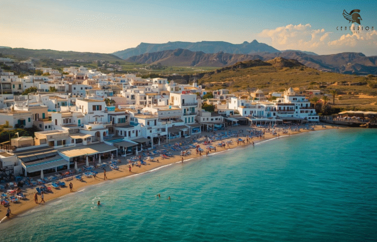 Private jet charter to Ibiza with Centurion Jets. A vibrant aerial view of the sun-drenched island of Ibiza, showcasing its iconic white-washed buildings, turquoise Mediterranean waters, and lush green hills.