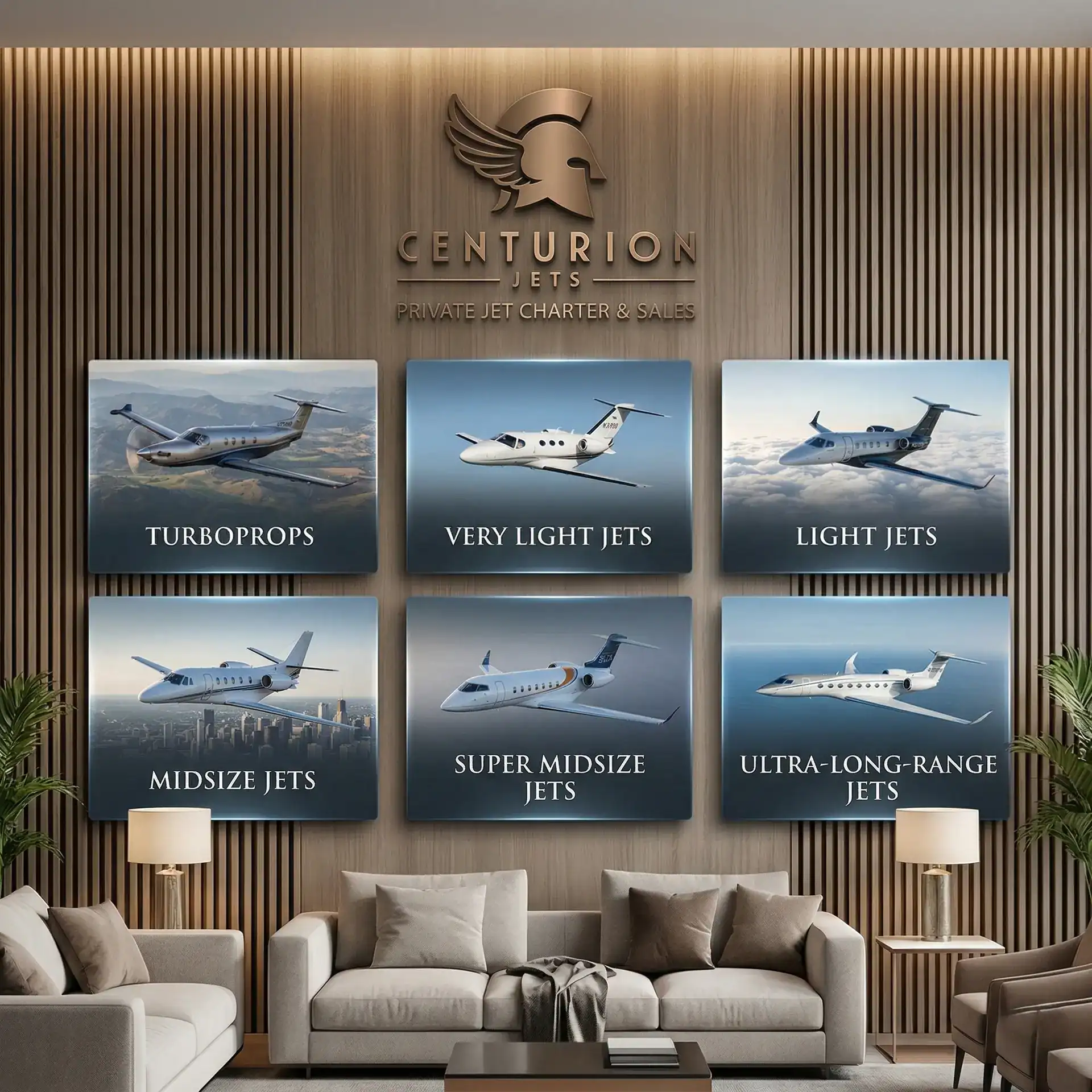 Private jet options including turboprops and light jets at Centurion Jets office.