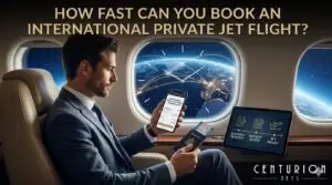 A photograph taken from inside a private jet cabin, showing a man holding a phone with 'FLIGHT CONFIRMED' text and a tablet illustrating the booking process. Large text at the top reads, 'HOW FAST CAN YOU BOOK AN INTERNATIONAL PRIVATE JET FLIGHT?'. The Centurion Jets logo is in the bottom corner.
