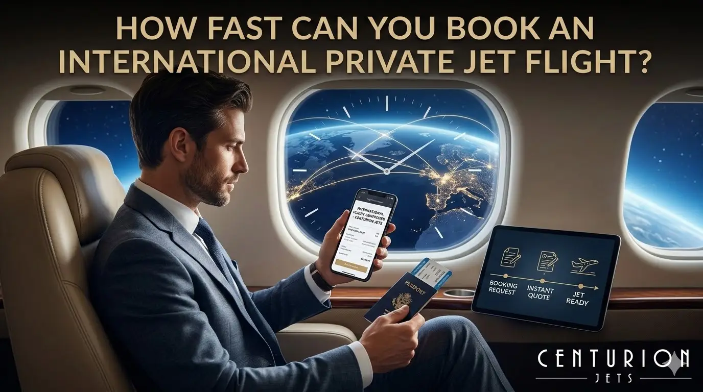 A photograph taken from inside a private jet cabin, showing a man holding a phone with 'FLIGHT CONFIRMED' text and a tablet illustrating the booking process. Large text at the top reads, 'HOW FAST CAN YOU BOOK AN INTERNATIONAL PRIVATE JET FLIGHT?'. The Centurion Jets logo is in the bottom corner.